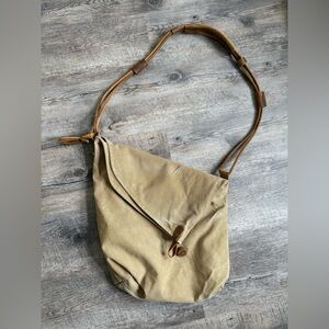 Canvas Shoulder Bag in Khaki with Leather Trim